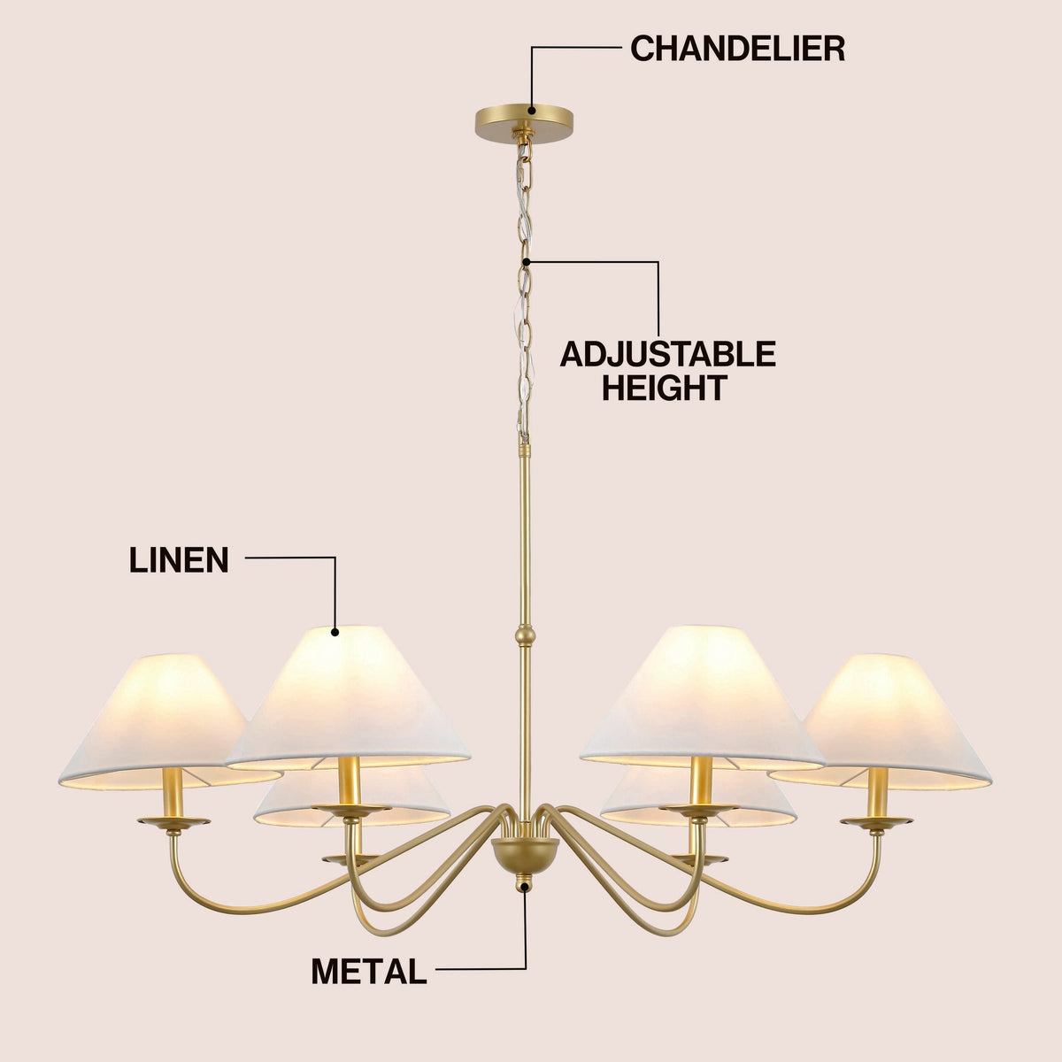 Phoebe 41.5" 6-Light Grand French Country Farmhouse Adjustable Swooping Arm Candle-Style Metal LED Chandelier